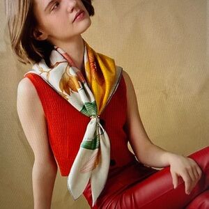 ICONIC 🇫🇷 Silk Scarf 35” Cream ground with Oranges/Greens Pre-Loved Washed EUC